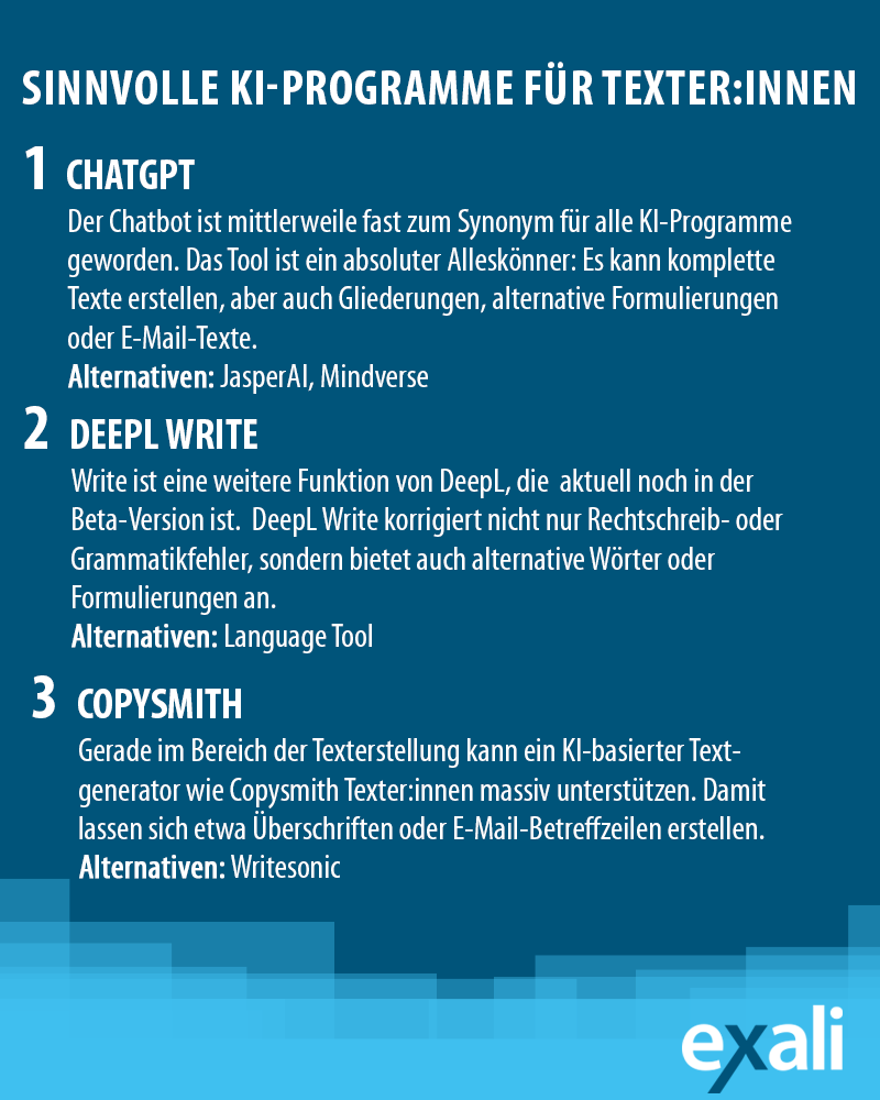 Liste mit drei KI-Programmen, die Texter:innen bei der Arbeit unterstützen können