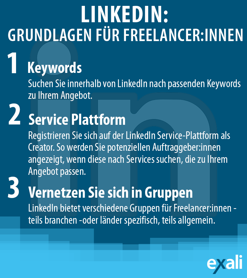 Übersicht, wie Sie LinkedIn als Freelancer:in effektiv nutzen können: Keyword-Recherche, nutzen Sie die LinkedIn-Service-Plattform und vernetzen Sie sich in Gruppen.